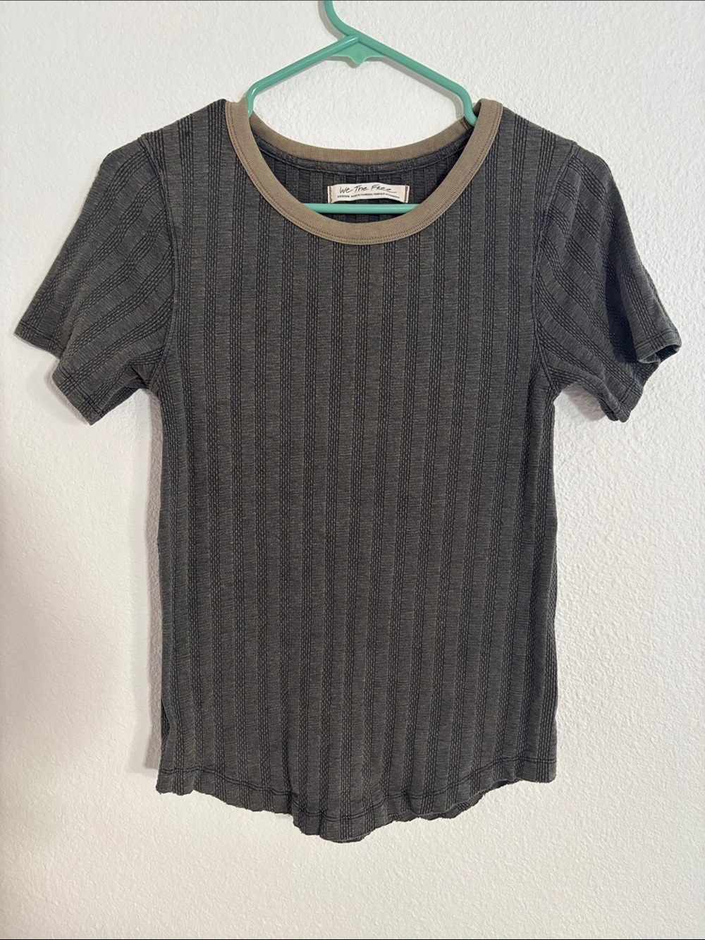 We The Free Kids Charcoal Ribbed Short Sleeve Tee with Tan Trim